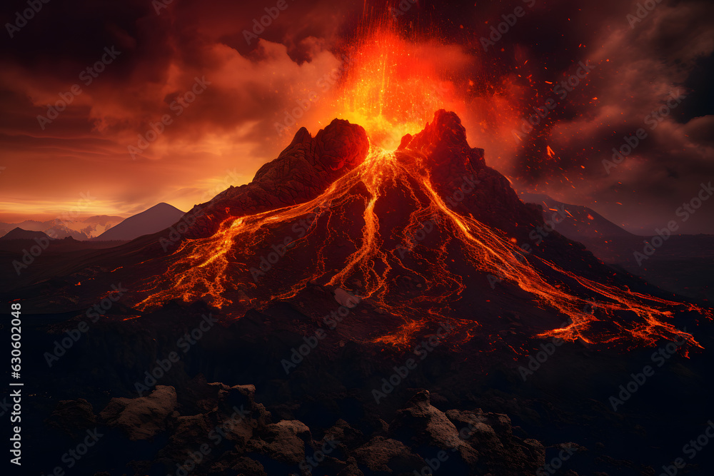 A volcano and a lava. Volcano eruption concept background - obrazy, fototapety, plakaty 