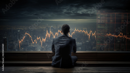 Business Man Watching Stock Market in the Future Futuristic Fluctuating Rising Falling Stocks Finance Investment photo