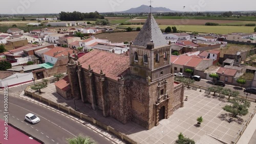 Aerial Reveal: Santiago Apósto church in Torremayor village, Spain photo