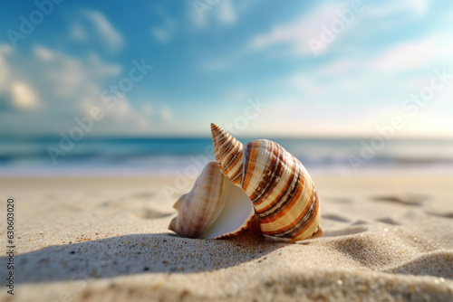 Seashells and palm leaves on the sand. Summer background