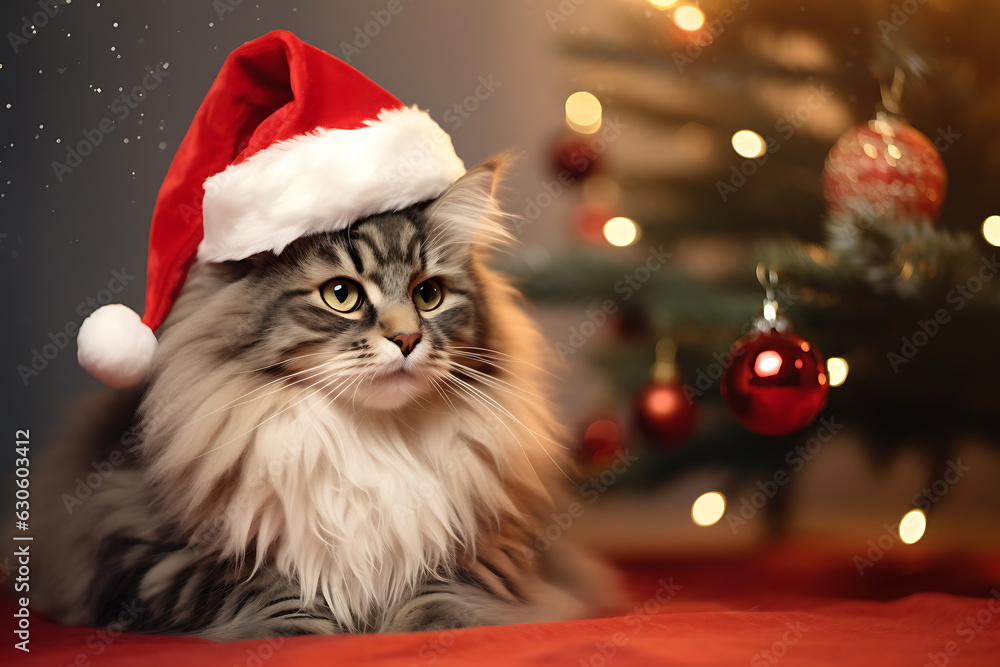 A cute cat wearing santa hat