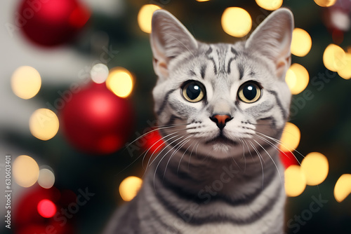 A cat with christmas ornaments background