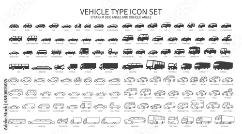 Big set of various vehicles, straight and oblique angles