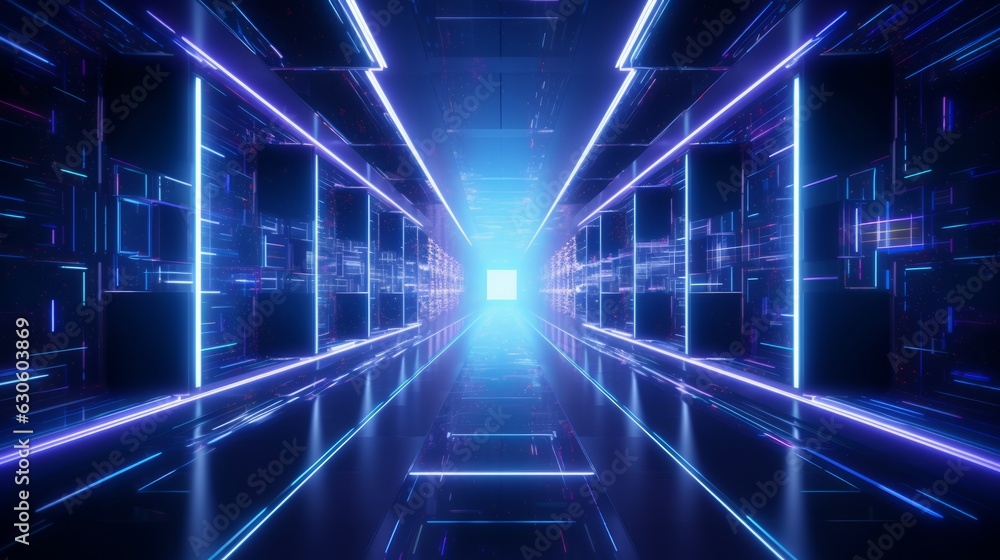 Fototapeta premium Futuristic Hud Tunnel. 3d background conveying high tech future technology. Labyrinth of flickering neon light.