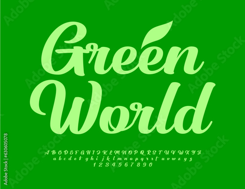 Vector eco concept Green World. Calligraphic Font. Alphabet Letters and Numbers set. Modern Cursive Font.