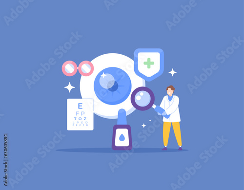 ophthalmologist. ophthalmology. check, diagnose, and treat eye health disorders. eyeball health examination. minus eye test or myopia test. A specialist with a magnifying glass and eye drops