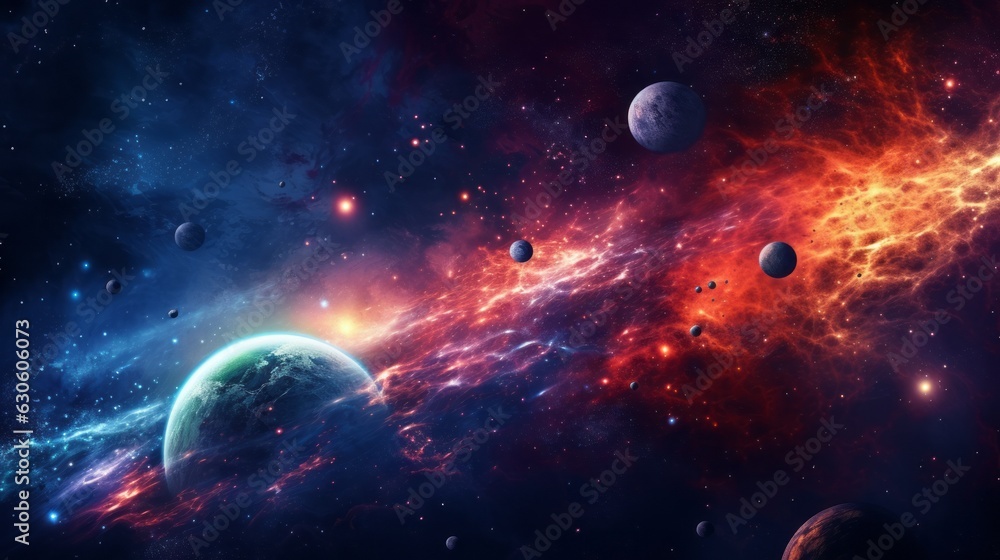 Panoramic view of space with planets. Solar system.