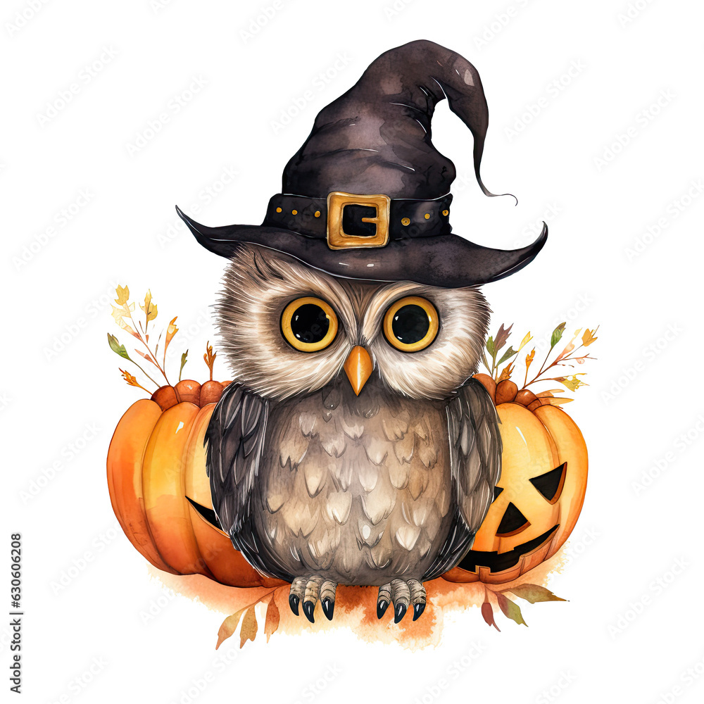 Naklejka premium Watercolor Cute Owl, Halloween Theme, ai genterated