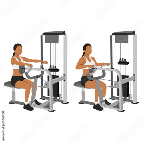 Woman doing seated back row machine exercise. Flat vector illustration isolated on white background