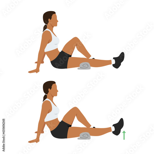 Woman doing seated knee extensions exercise. Flat vector illustration isolated on white background