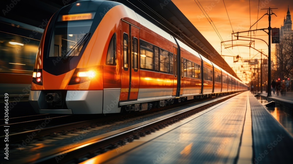 Fototapeta premium moving train with motion blur - created using generative Ai tools