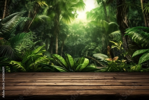 Beautiful blurred tropical forest background view with empty wooden table for mockup product display. generative ai