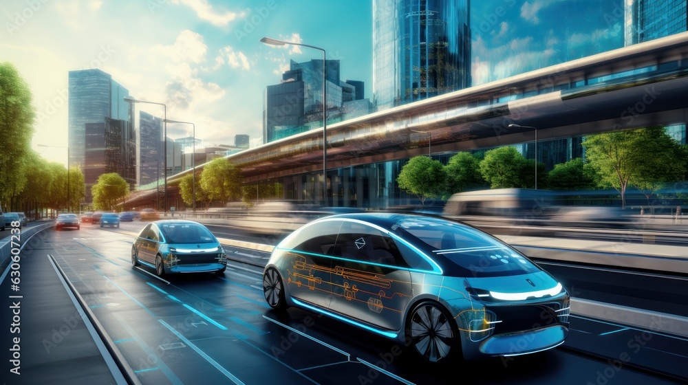 Autonomous Self Driving, Electric Car Driving on the Road Cityscape Background. Generative AI Autonomous Self Driving, Electric Car Driving on the Road Cityscape Background. Generative AI