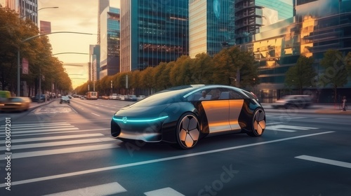 Autonomous Self Driving, Electric Car Driving on the Road Cityscape Background. Generative AI