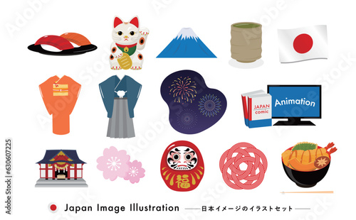 食文化・きもの・観光スポットなど象徴的な日本文化・カルチャーのベクターイメージイラスト素材セット