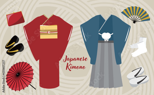 日本の着物・和服や紋付き袴・下駄・和装小物・バック・和傘・足袋などのベクターイラストセット素材