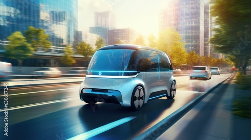 Autonomous Self Driving, Electric Car Driving on the Road Cityscape Background. Generative AI © CYBERUSS