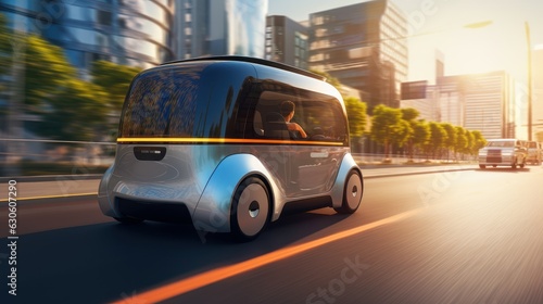 Autonomous Self Driving, Electric Car Driving on the Road Cityscape Background. Generative AI