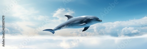 A dolphin leaping against a blue sky backdrop  embodying the harmony between marine life and the skies in this horizontal banner