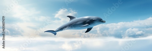 Photography A dolphin leaping against a blue sky backdrop, embodying the harmony between mar