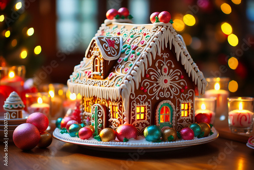 A Christmas gingerbread house. AI generativ.