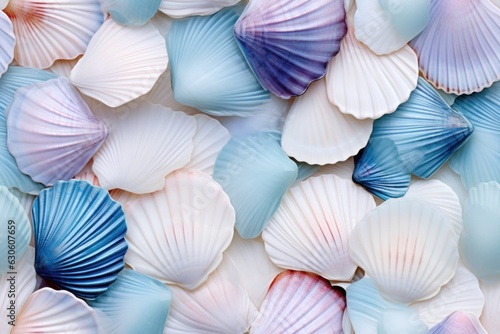 Fototapeta Seamless pattern featuring sea shells in white, blue, and purple hues