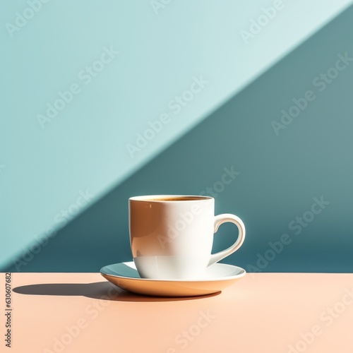 A white cup and saucer of coffee or tea sit on a beige table against a pastel blue backdrop, with a diagonal shadow adding visual interest photo