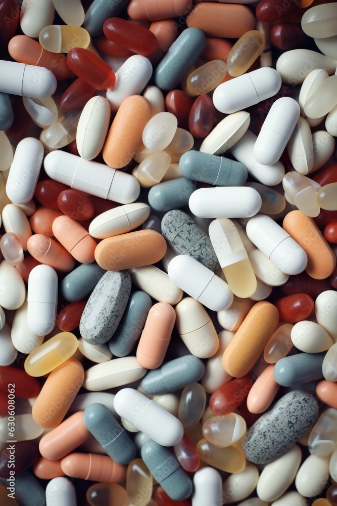 Medicine tablets, pills and capsules filling the frame edge to edge. ai generative art. Medicine tablets, pills and capsules filling the frame edge to edge. ai generative art.
