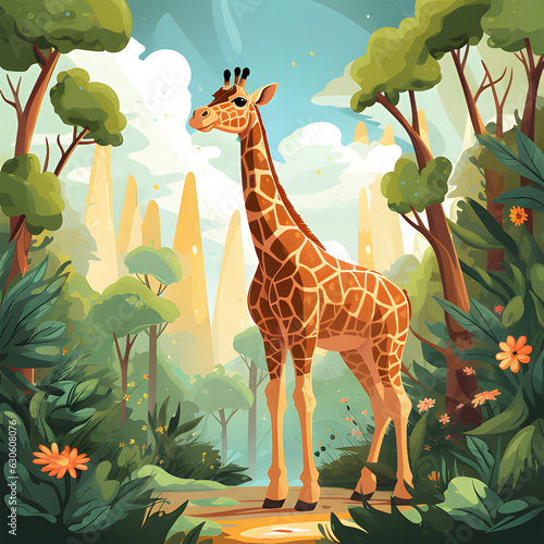 Giraffe IN THE FOREST WITH BACGROUND STYLE CARTOON AI GENERATIVE 