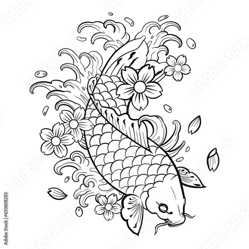 Black tattoo koi fish on white background