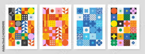 Simple geometric vector background with star shapes, flower shapes and abstract bauhaus forms. Geometric trendy composition for web design, poster, cover