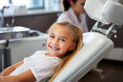 Child sitting in dentist's chair. AI generative.