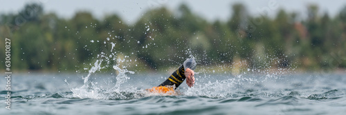 Fototapeta Naklejka Na Ścianę i Meble -  Swimming in a lake in a wetsuit