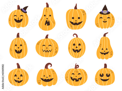 Vector halloween pumpkin set. Collection of halloween pumpkins carved faces in flat design. Scary and spooky faces. Jack o lantern. Smiling pumpkins for halloween night.