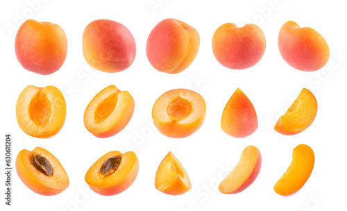 Ripe orange apricots with pink side - rich set isolated on white background, whole, cut on half, slices with brown pit, different sides, closeup. Summer fresh natural fruits - many design elements.