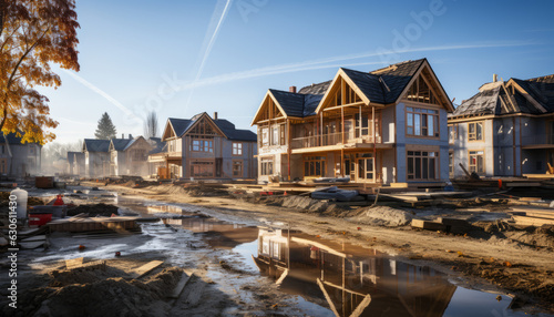 High quality stock photography Construction of new homes in a new residential area. bright day,sunlight,blue sky,generative ai