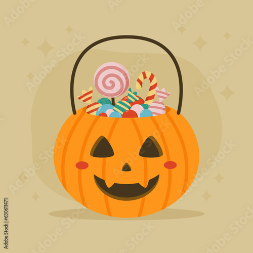 Halloween pumpkin bucket with candy. Flat design illustration.
