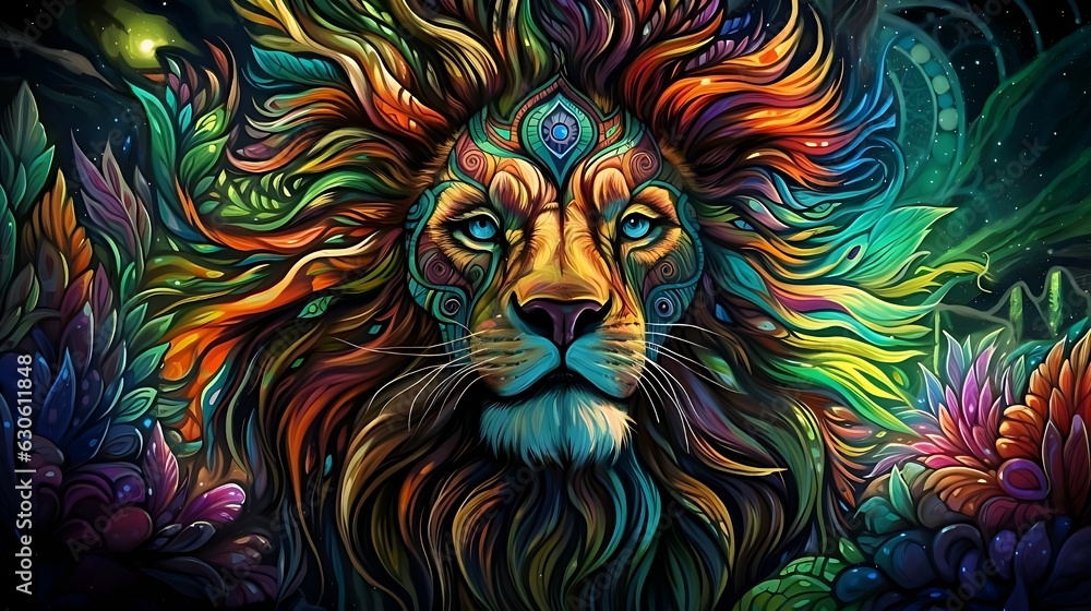 Portrait colorful lion head illustration psychedelic painting style with black background. 8k resolution