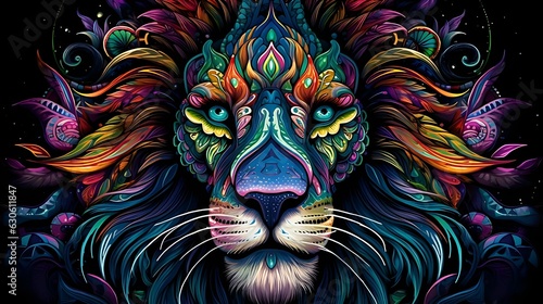 Portrait lion illustration psychedelic painting style with black background. 8k resolution