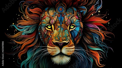 lion head illustration psychedelic painting style with black background. 8k resolution photo