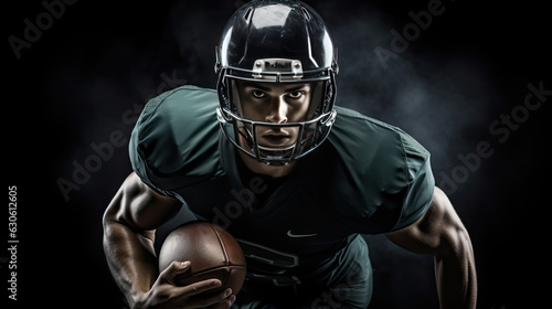 American football player sport shot cinematic smoke black background green uniform