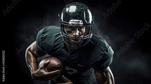 American football player sport shot cinematic smoke black background green uniform