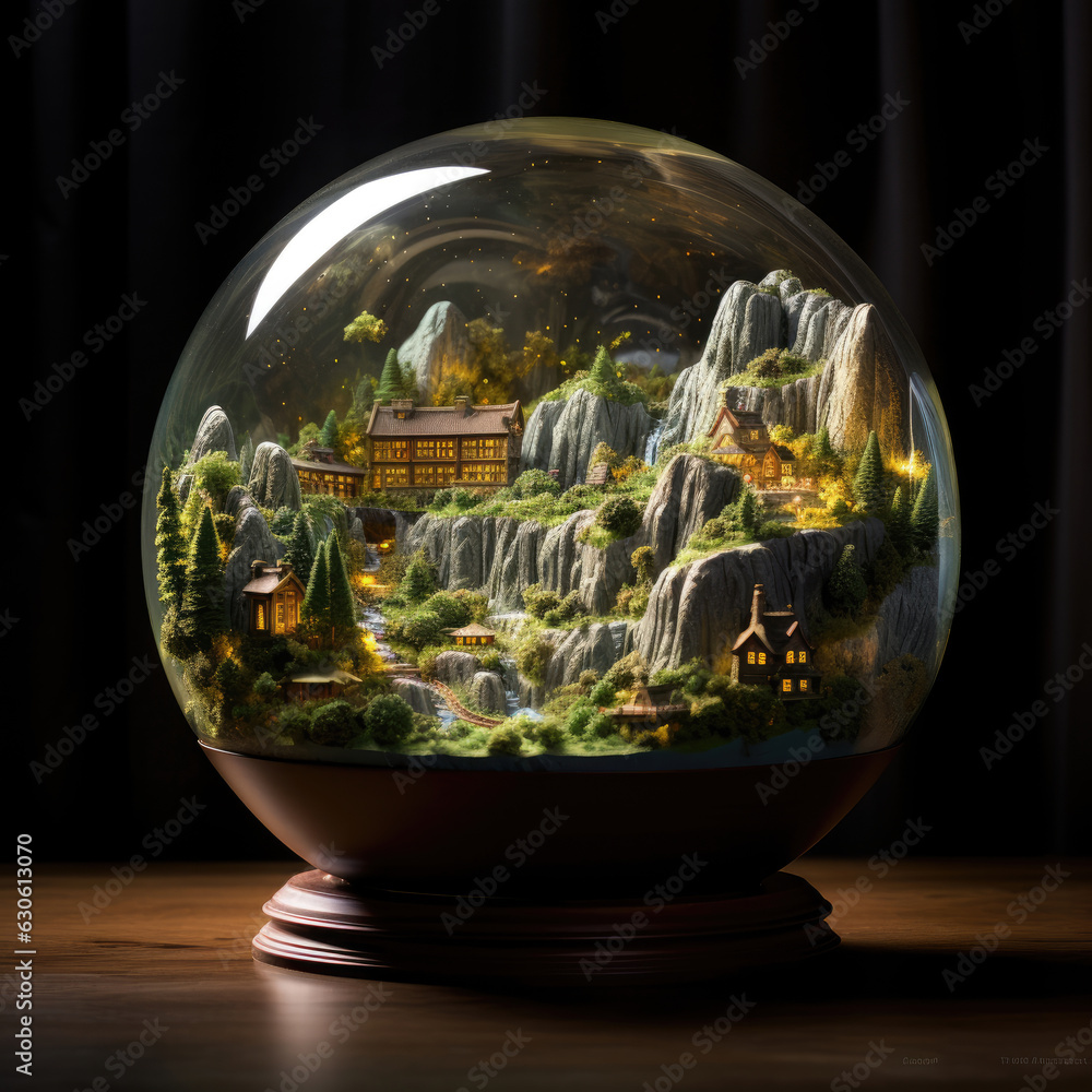 An expansive landscape, artfully miniaturized and encased within a glass sphere An expansive landscape, artfully miniaturized and encased within a glass sphere