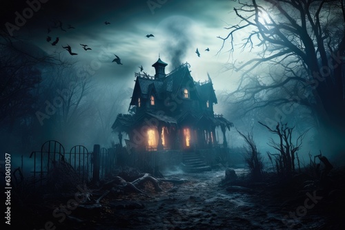 Spooky haunted house with eerie decorations, fog, and chilling sound effects, creating a thrilling and immersive Halloween experience - Generative AI