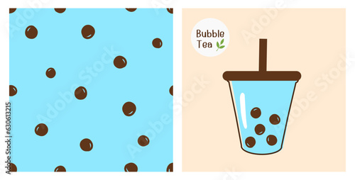 Seamless pattern with tapioca ball on blue background. Bubble green tea cup vector.