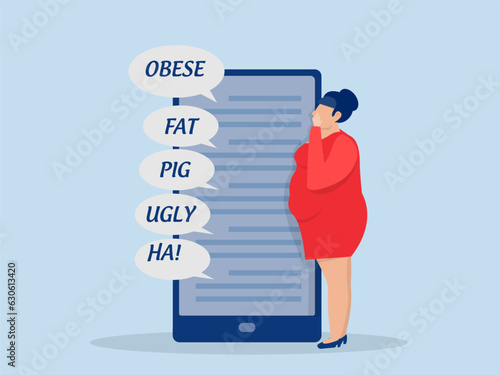Cyberbullying concept fat women looking and cries From Public Censure by Her Weigh Threats and insults in messages on laptop mobile 