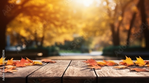 wooden table with autumn leaves and autumn background  Generative AI