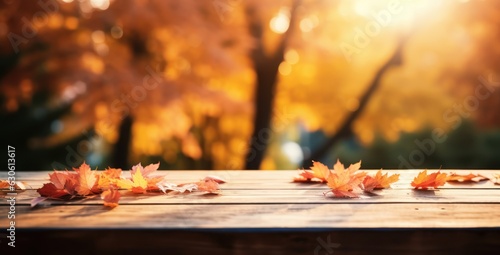 wooden table with autumn leaves and autumn background, Generative AI