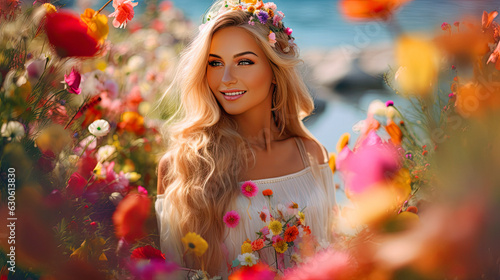 beautiful Woman walked in the sea of flowers and a bright smile