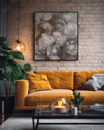 Industrial interior living room with comfortable sofa